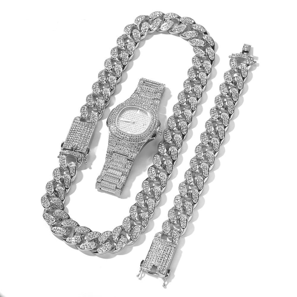 Iced Out Set Necklace Watch Bracelet